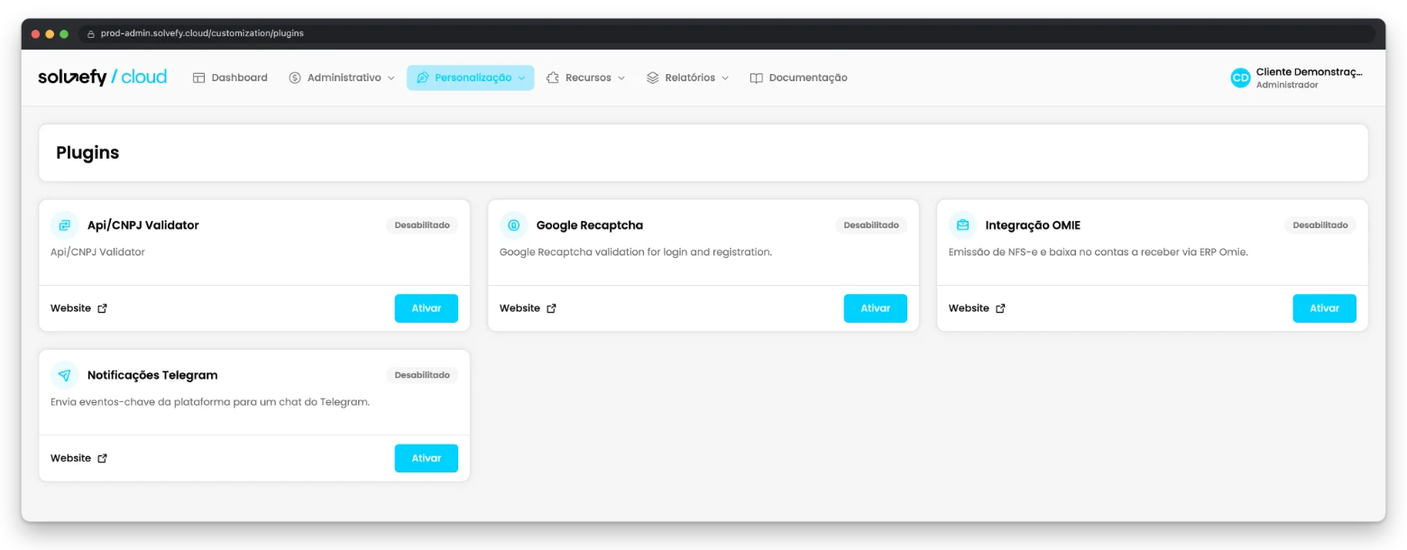 Tela de plugins e integrações