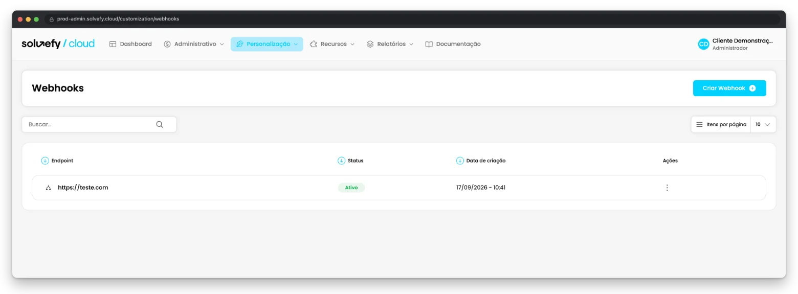 Tela de webhooks