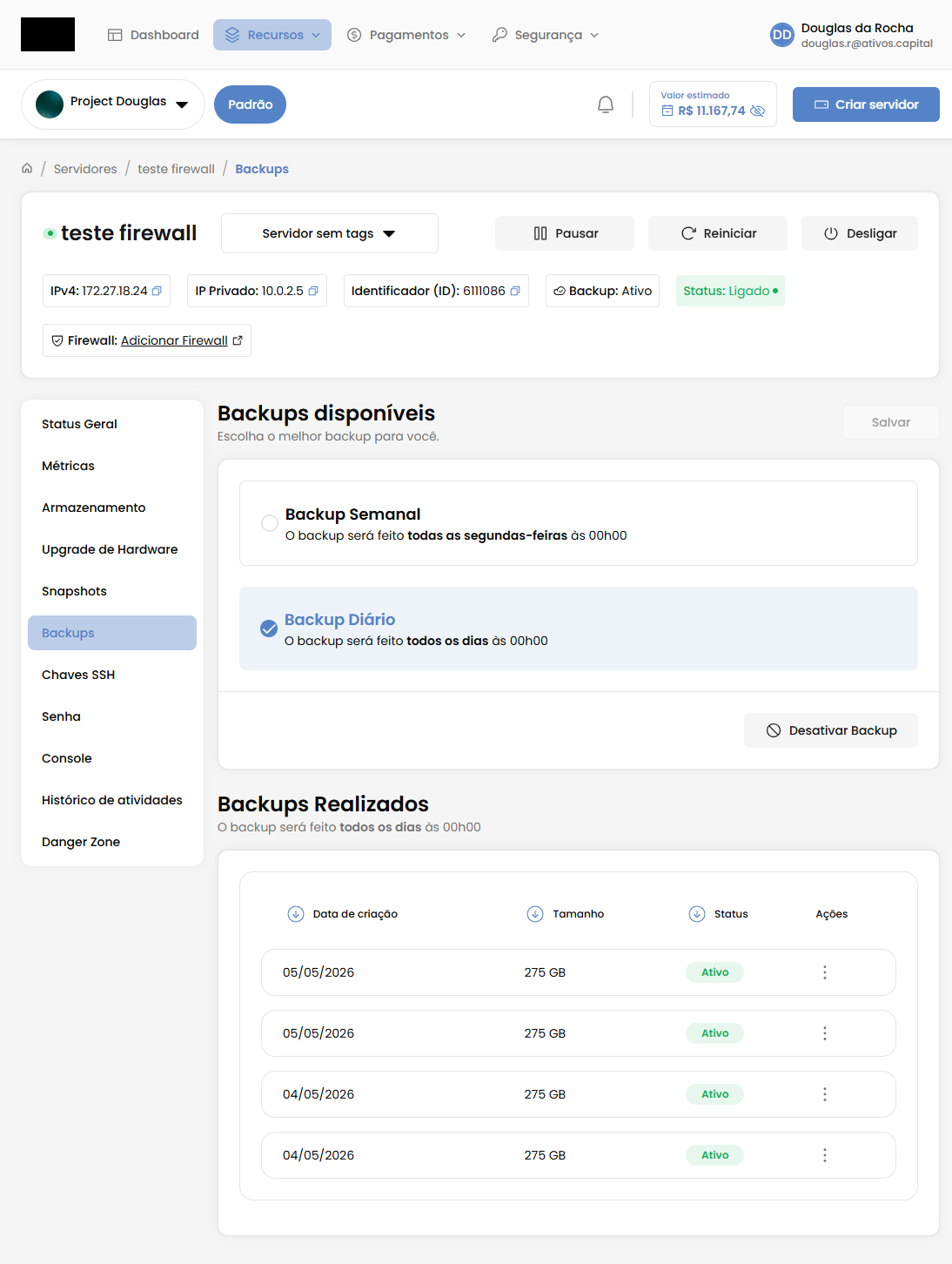 Tela de gestão de backups com agendamento e histórico