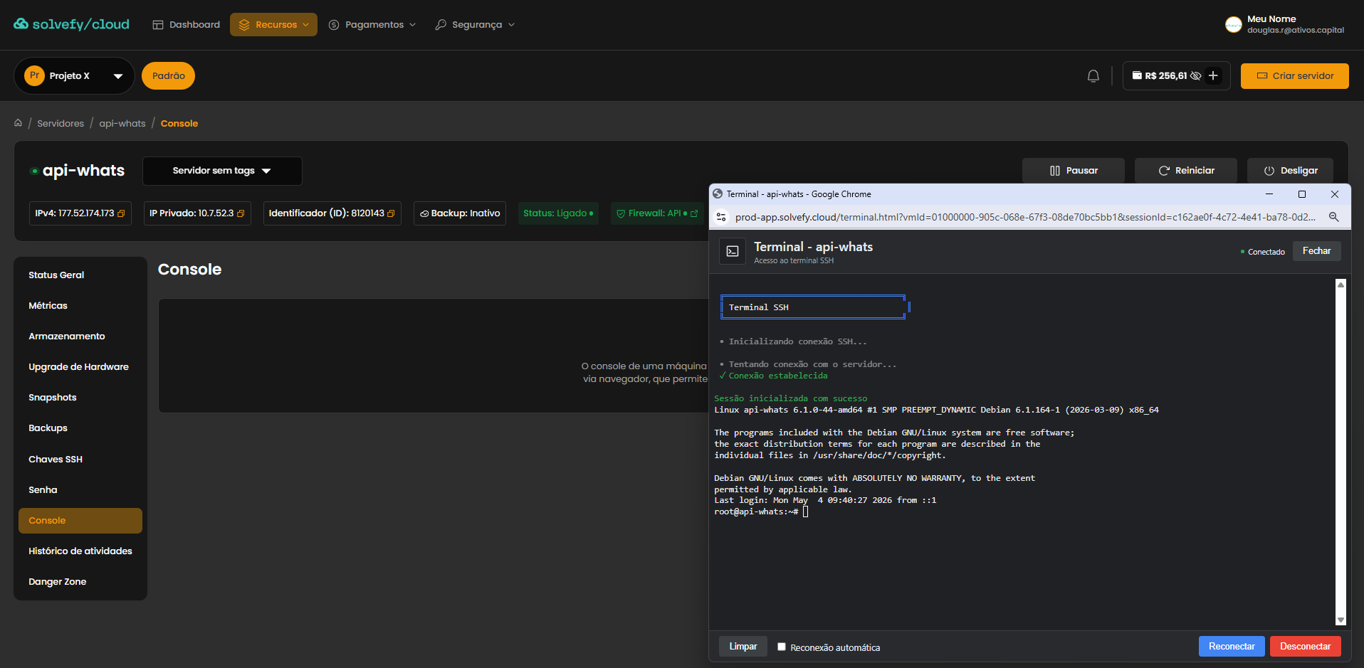 Terminal SSH integrado ao portal do cliente