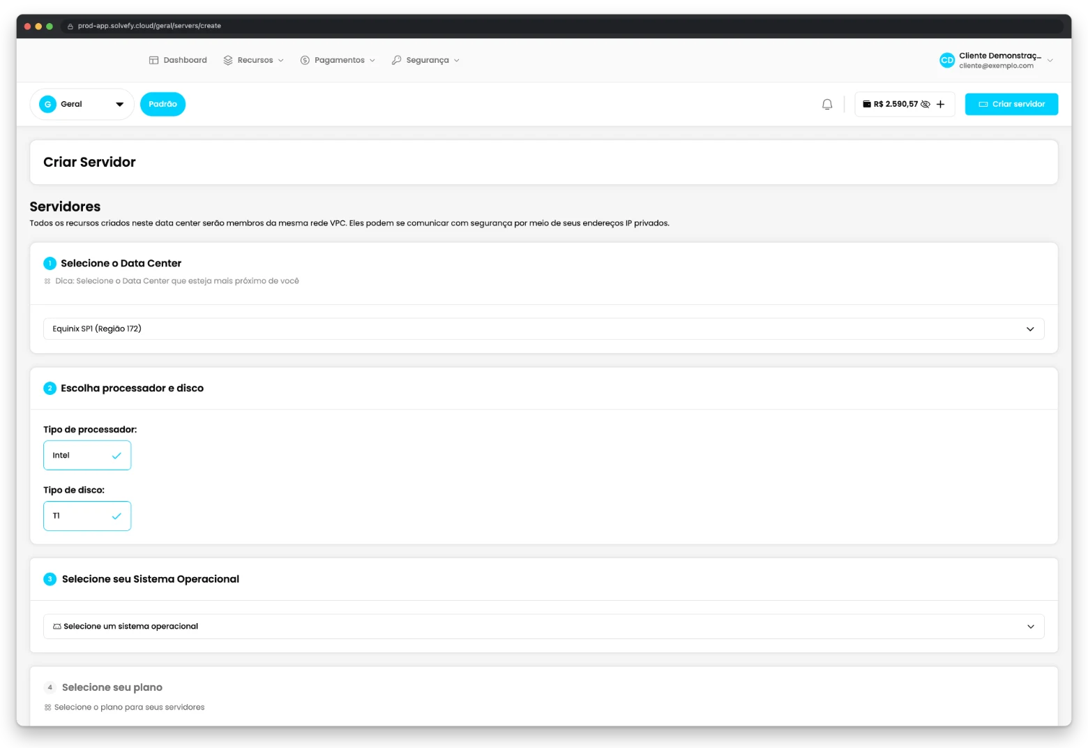 Fluxo de criação de servidor self-service