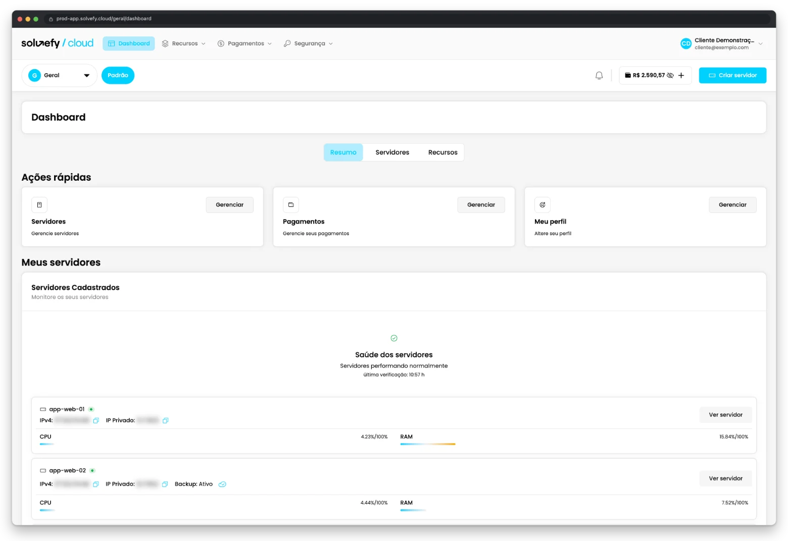 Dashboard do cliente com saúde dos servidores
