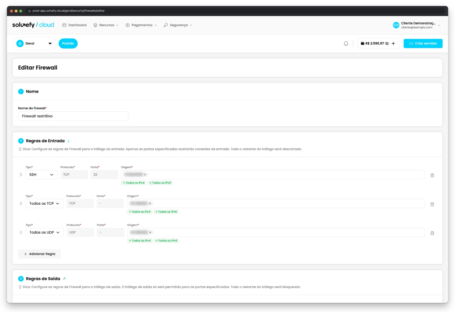 Editor de regras de firewall de entrada e saída
