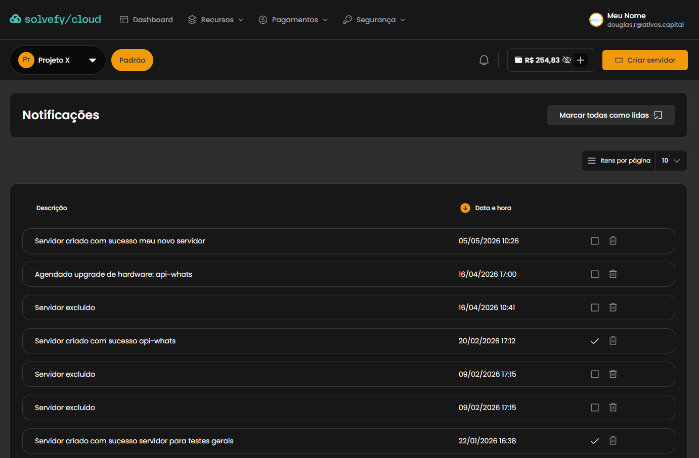 Lista de notificações com eventos da conta