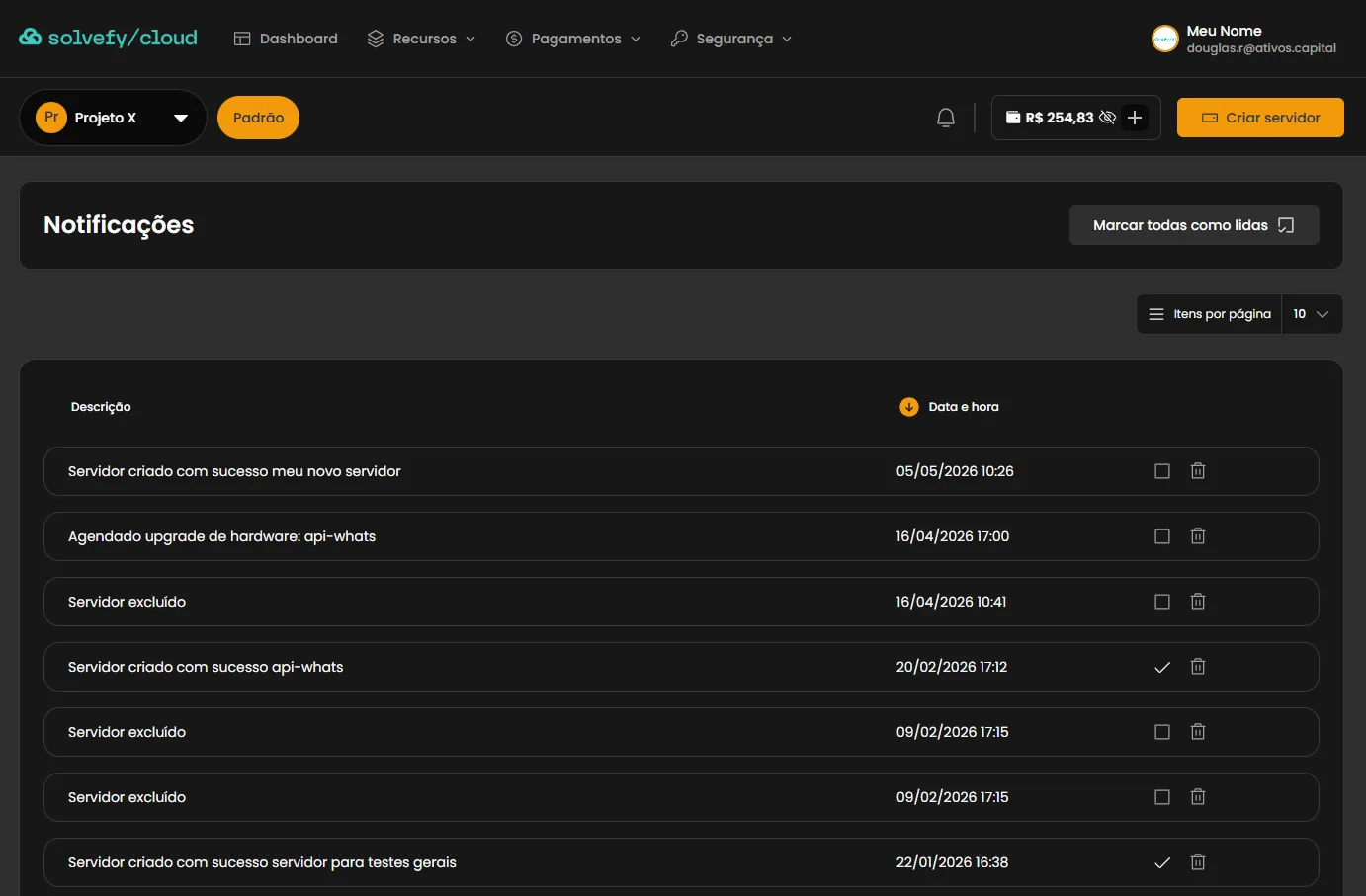 Lista de notificações com eventos da conta