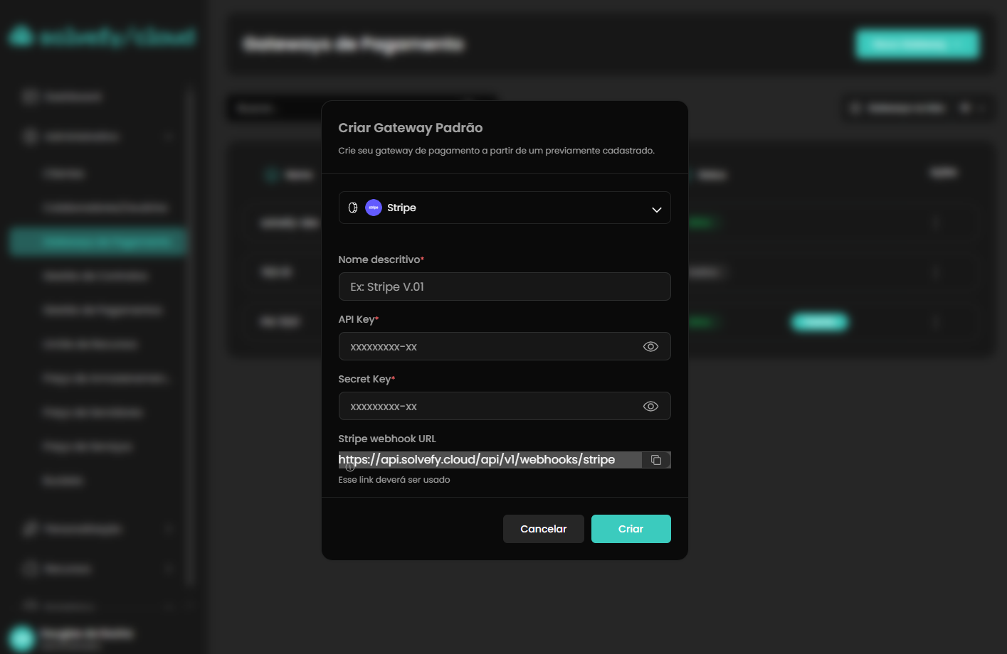 Modal de criação de gateway de pagamento