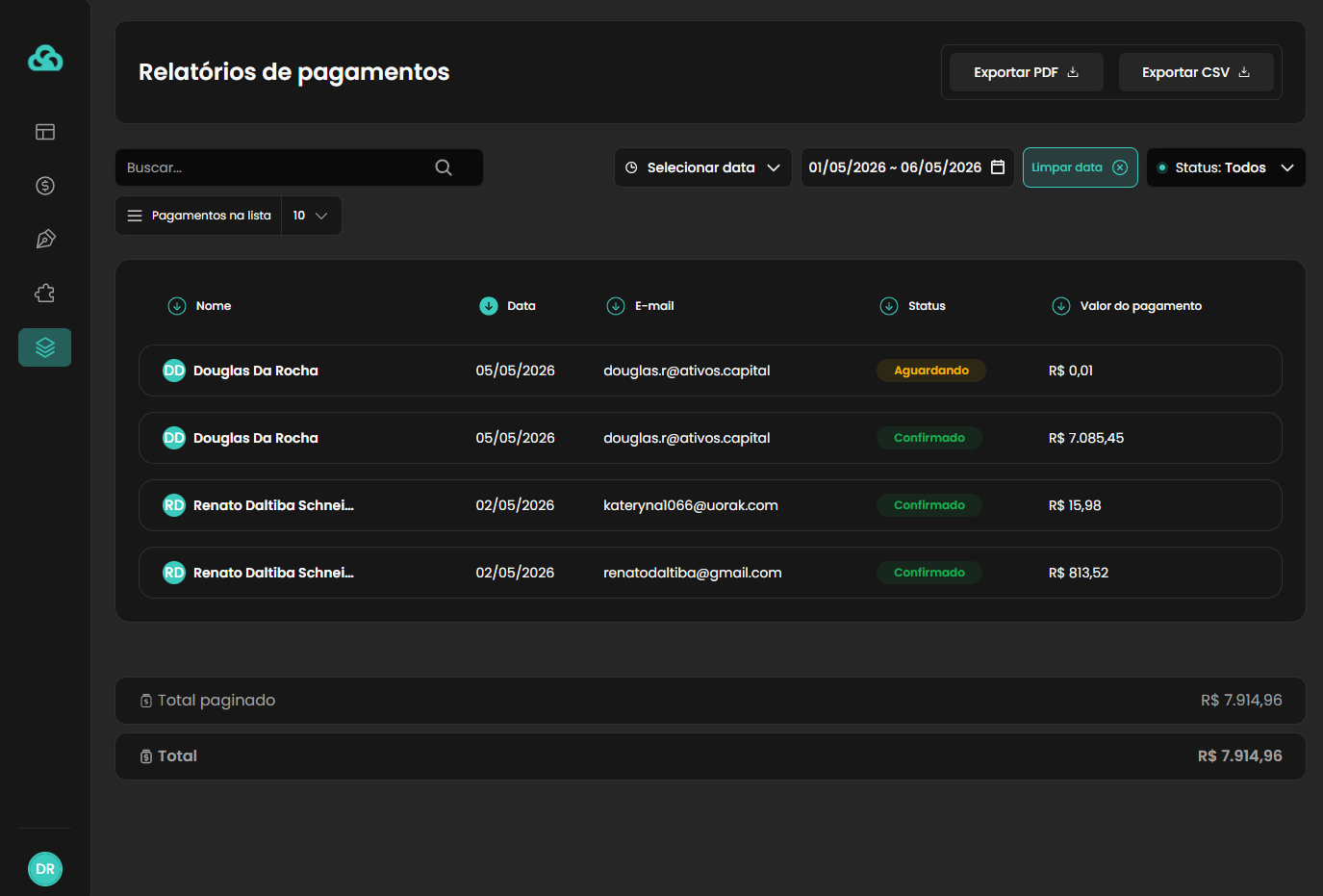 Relatório de pagamentos com filtros e exportação