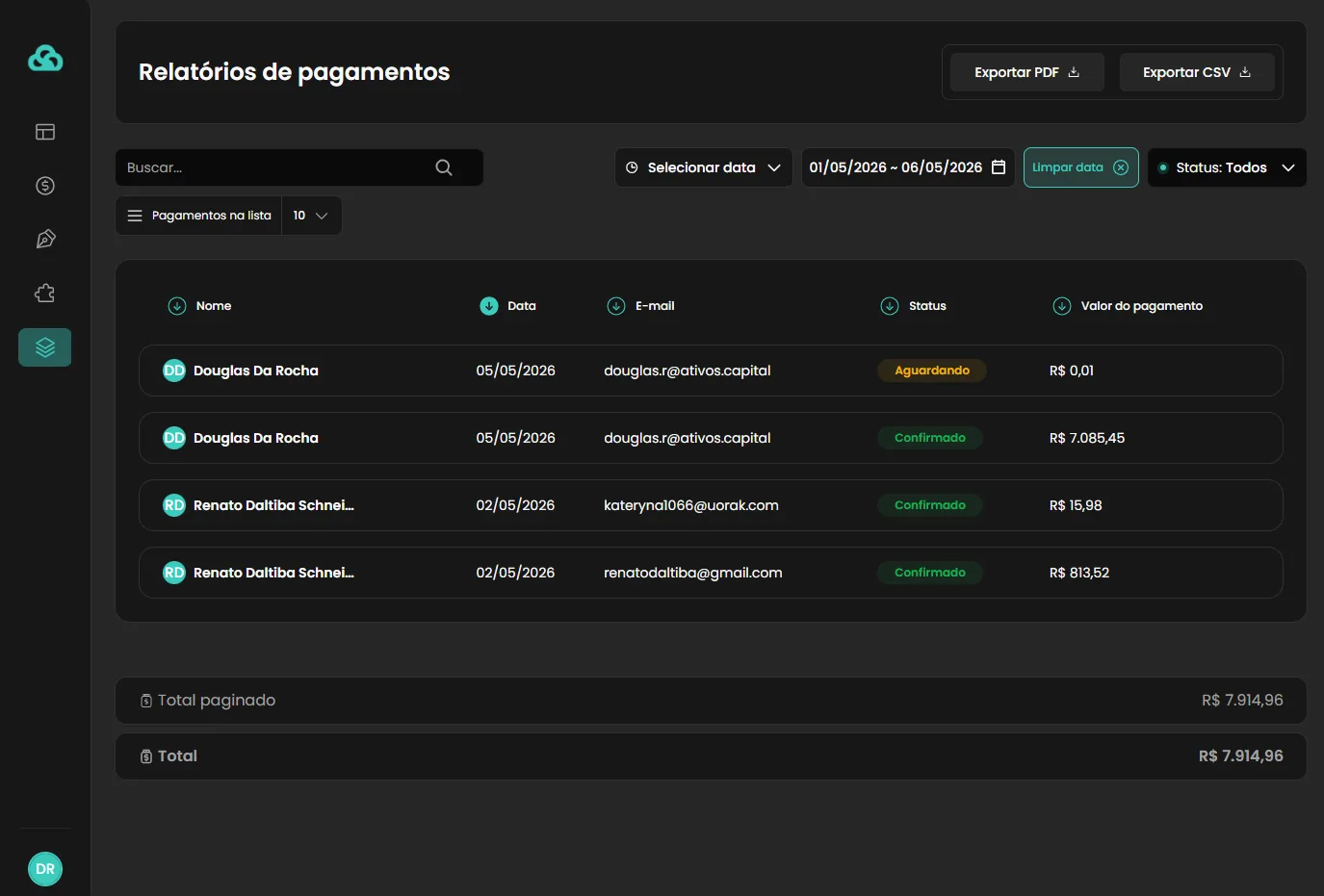 Relatório de pagamentos com filtros e exportação