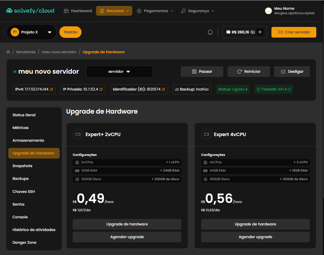 Tela de upgrade de hardware com comparação de planos