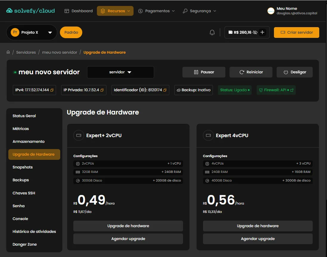 Tela de upgrade de hardware com comparação de planos