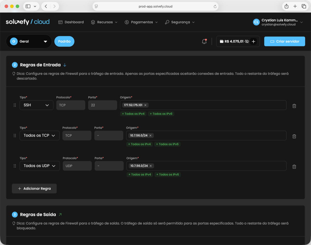 Configuração de regras de firewall