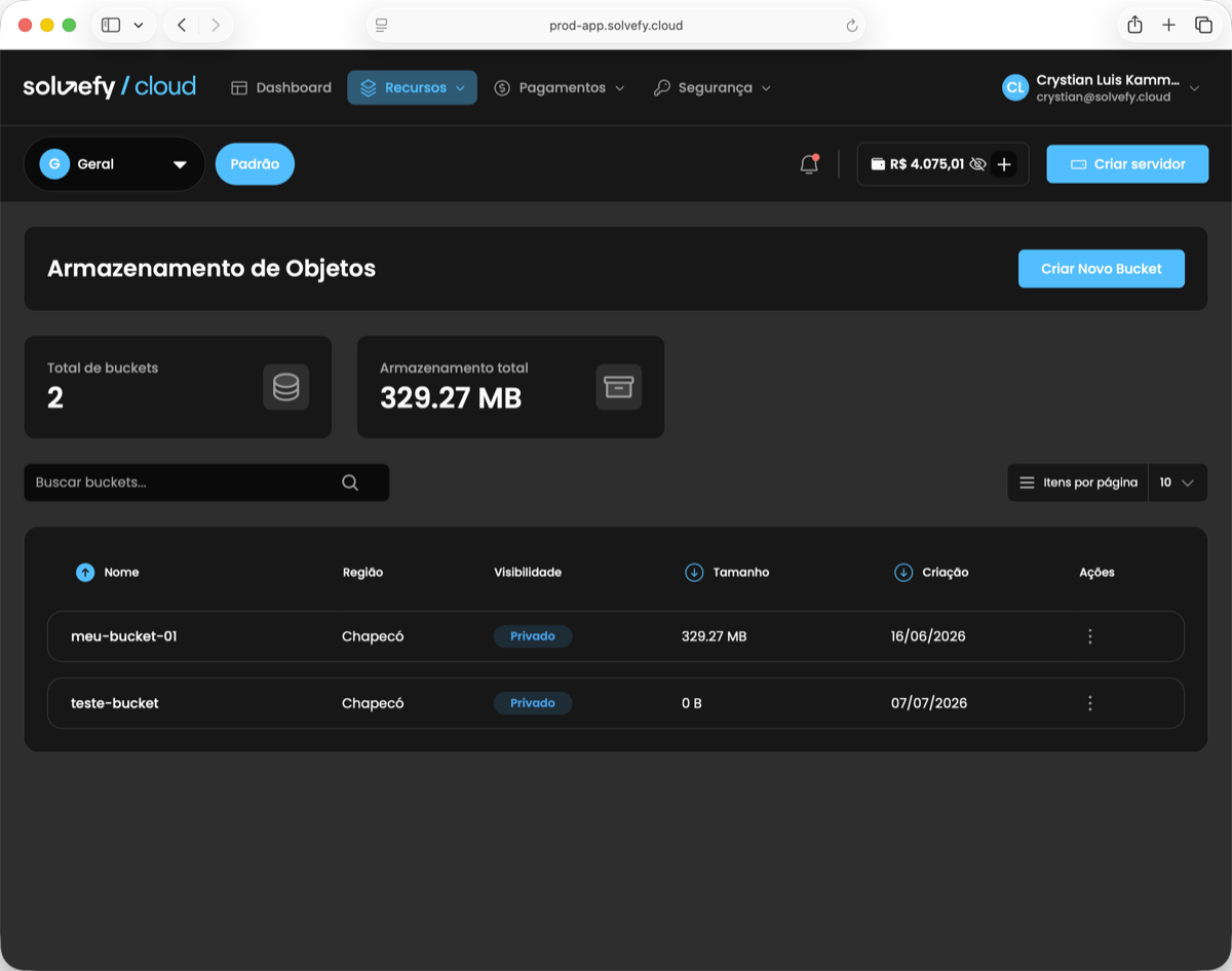 Armazenamento de objetos (buckets) no painel Solvefy Cloud